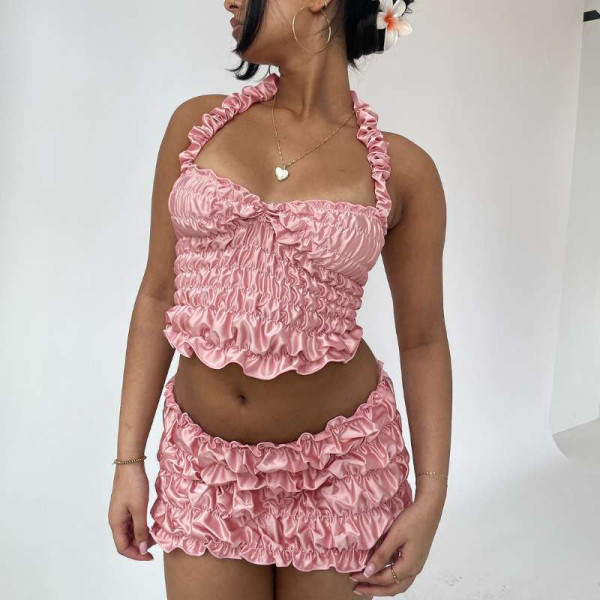 Folded neck hanging suspender vest, hip hugging short skirt set