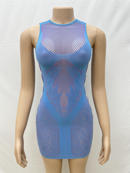 Perspective hip hugging integrated knitted jumpsuit short skirt