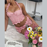 Folded neck hanging suspender vest, hip hugging short skirt set