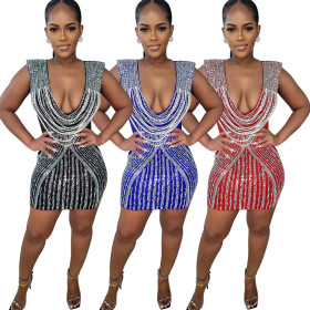 Deep V-neck sleeveless hip hugging rhinestone dress