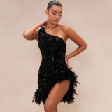 Slanted shoulder sequin feather dress