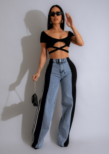 Splicing three striped wide leg denim pants