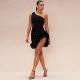 Slanted shoulder sequin feather dress