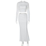 Long sleeved pleated long skirt two-piece set