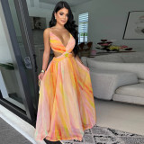 Lace up sleeveless V-neck printed large swing skirt
