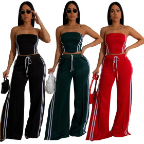 Women's strapless top paired with loose pants two-piece set