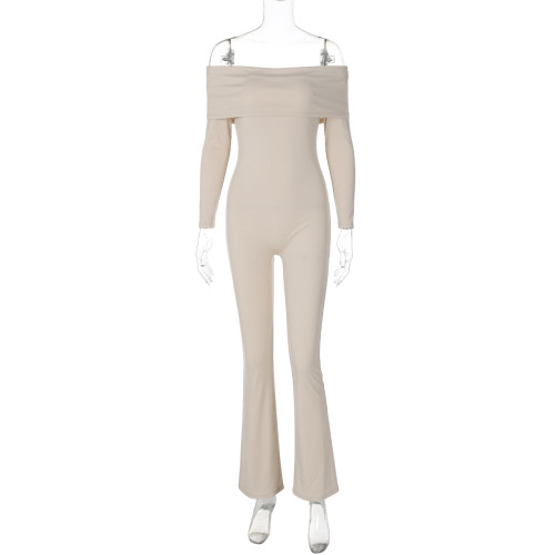 Pit stripe one shoulder long sleeved elastic slightly flared jumpsuit pants