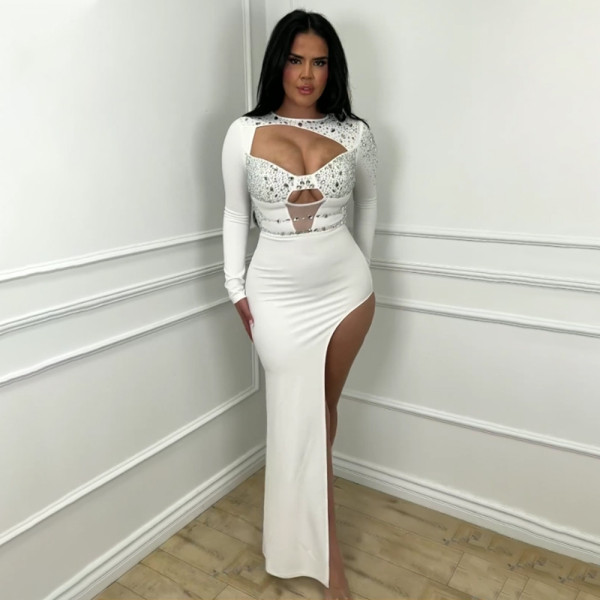 Round neck long sleeved rhinestone hollow high slit dress