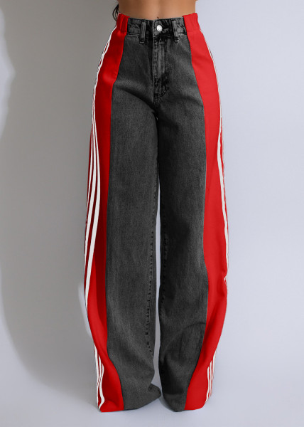 Splicing three striped wide leg denim pants