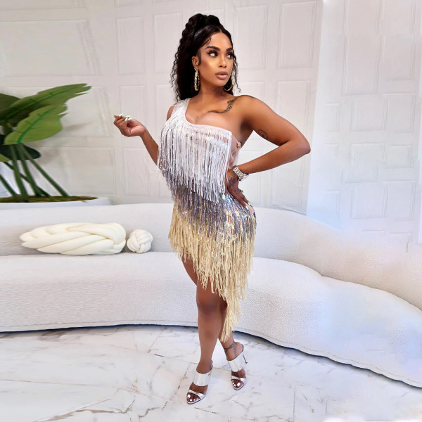 Slanted shoulder tassel patchwork irregular dress