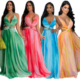 Lace up sleeveless V-neck printed large swing skirt