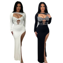 Round neck long sleeved rhinestone hollow high slit dress Round neck long sleeved rhinestone hollow high slit dress