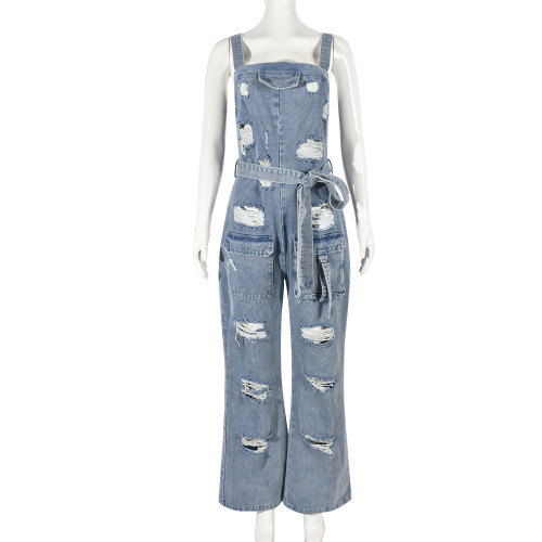 Elastic chest wrapped ripped tassel washed denim jumpsuit