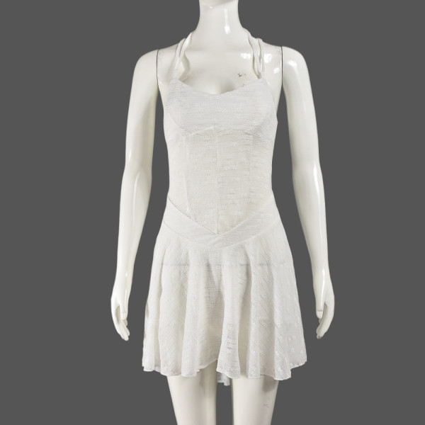 Lace up neck hanging backless see through dress