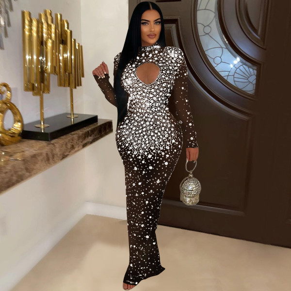 Women's round neck rhinestone dress, long skirt