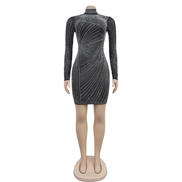 Women's hot stamping diamond mesh round neck dress