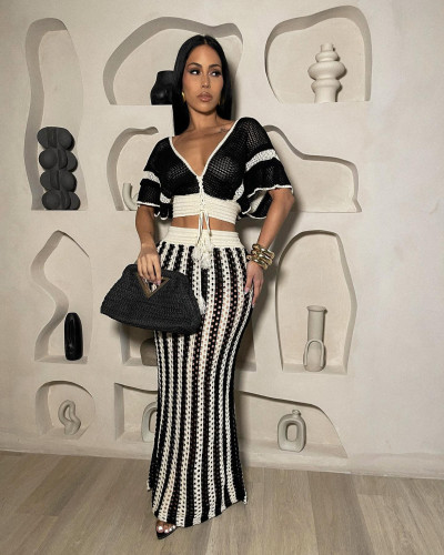 V-neck hollow striped knitted women's long skirt