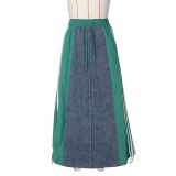 Striped A-line loose denim contrasting half skirt