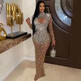 Women's round neck rhinestone dress, long skirt