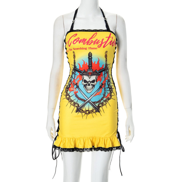 Printed lace up and lace neck hanging dress