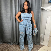 Elastic chest wrapped ripped tassel washed denim jumpsuit Elastic chest wrapped ripped tassel washed denim jumpsuit