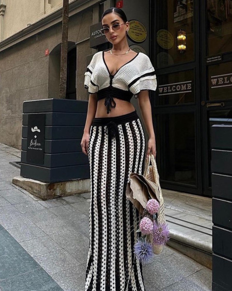 V-neck hollow striped knitted women's long skirt