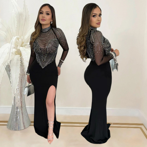 Women's rhinestone mesh dress, long skirt