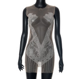 Women's Solid Color Perspective Mesh Hot Diamond Dress