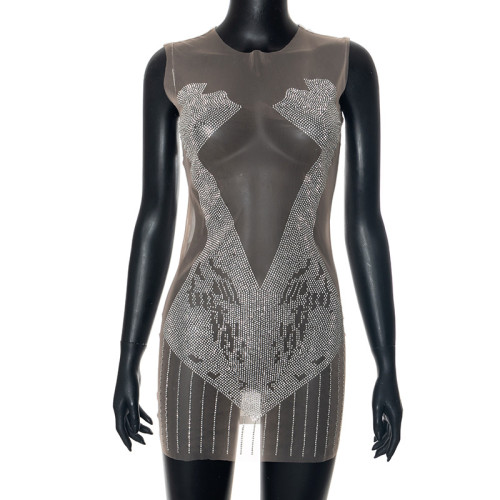 Women's Solid Color Perspective Mesh Hot Diamond Dress