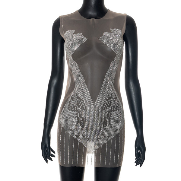 Women's Solid Color Perspective Mesh Hot Diamond Dress