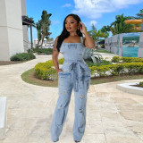 Elastic chest wrapped ripped tassel washed denim jumpsuit