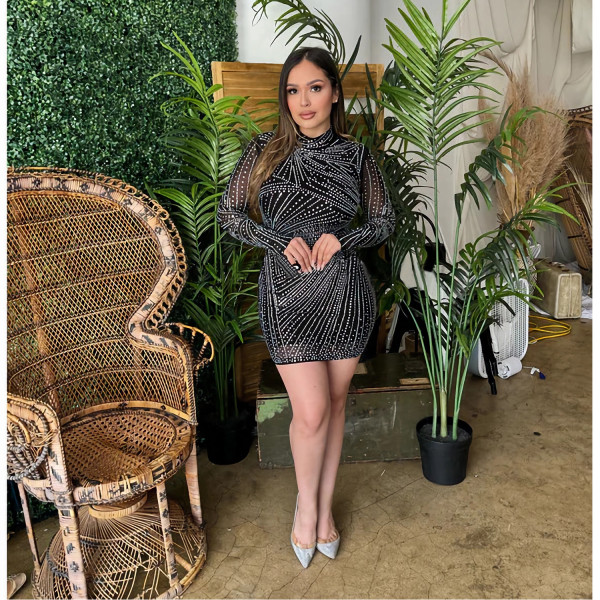 Women's hot stamping diamond mesh round neck dress