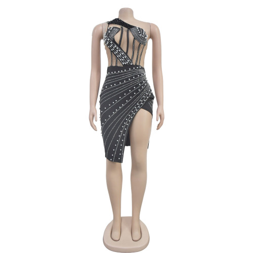 Women's mesh hot pressed diamond mid length dress