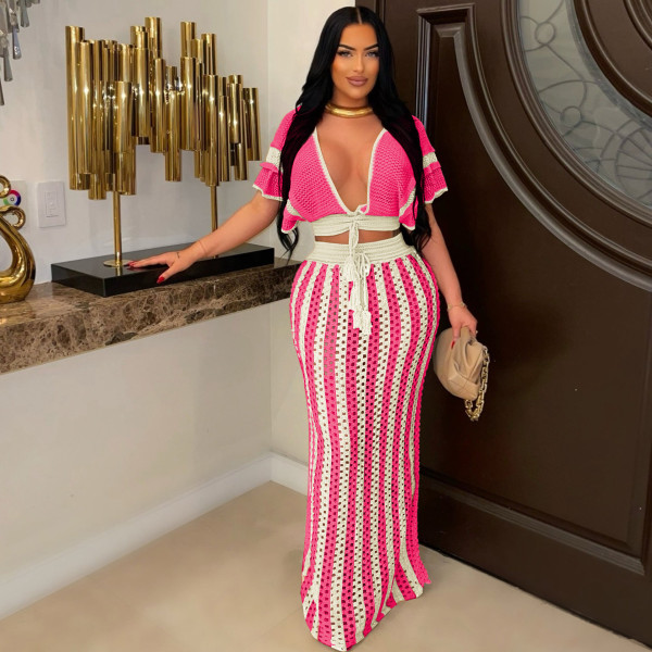 V-neck hollow striped knitted women's long skirt