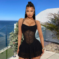 Lace up neck hanging backless see through dress Lace up neck hanging backless see through dress