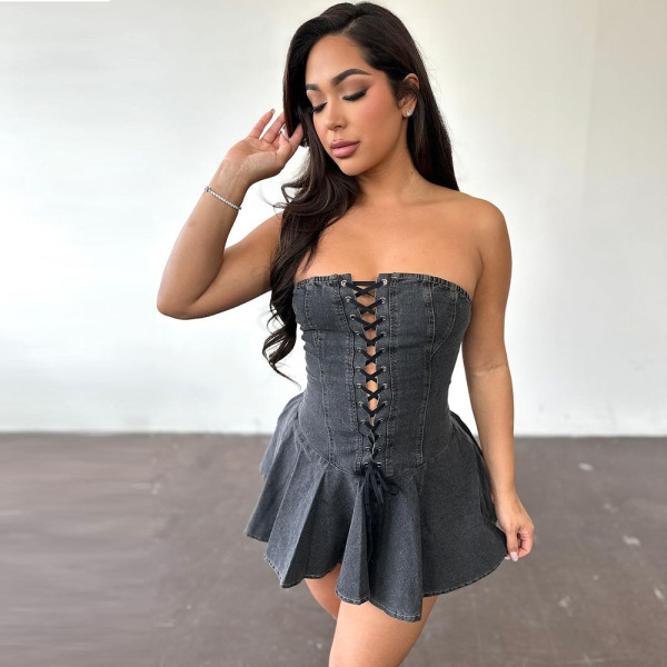Lace up chest wrapped transparent shoulder strap lotus leaf skirt