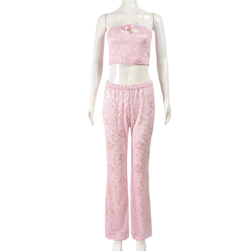 Mesh lace hollow double-layer sleeve with chest wrapped top and flared pants set