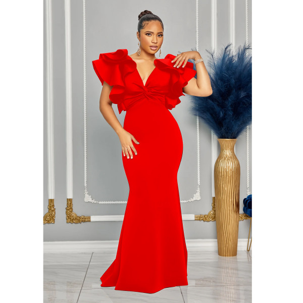 Women's solid color short sleeved V-neck long dress