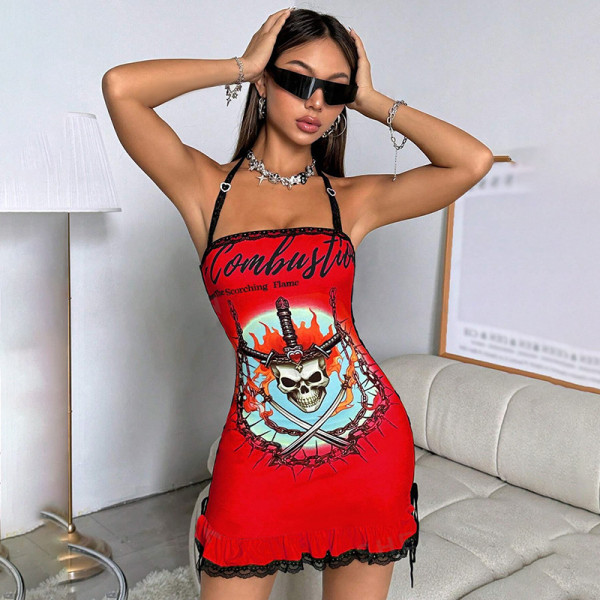 Printed lace up and lace neck hanging dress