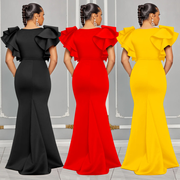 Women's solid color short sleeved V-neck long dress