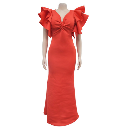 Women's solid color short sleeved V-neck long dress