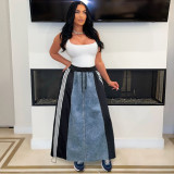 Striped A-line loose denim contrasting half skirt