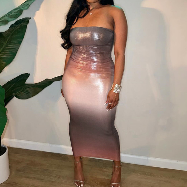 Backless sleeveless contrasting gradient European and American strapless dress