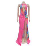 Women's printed V-neck sleeveless halter dress