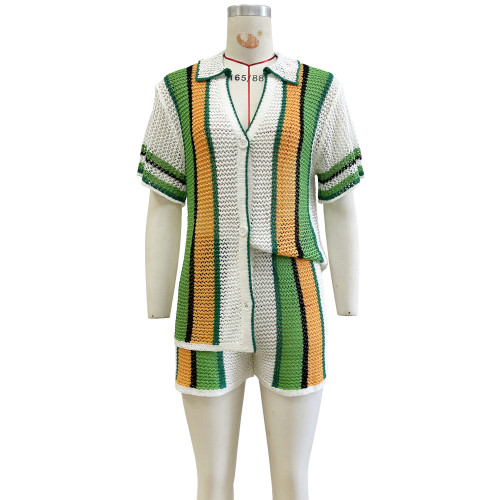 Women's hollow collar knitted shorts set