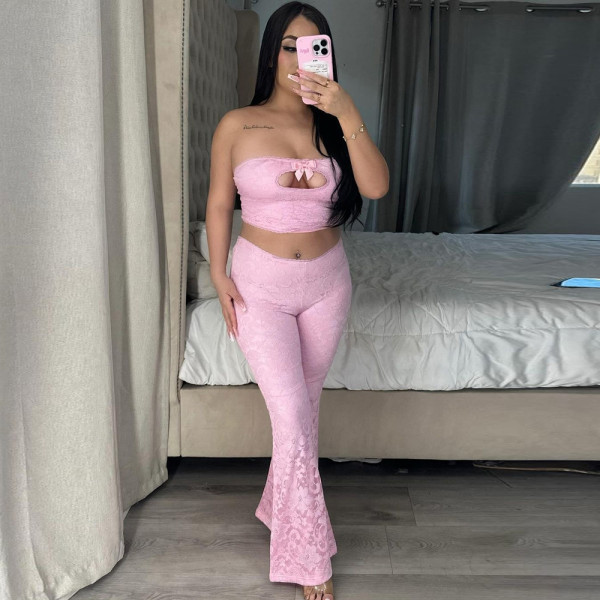 Mesh lace hollow double-layer sleeve with chest wrapped top and flared pants set