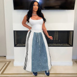 Striped A-line loose denim contrasting half skirt