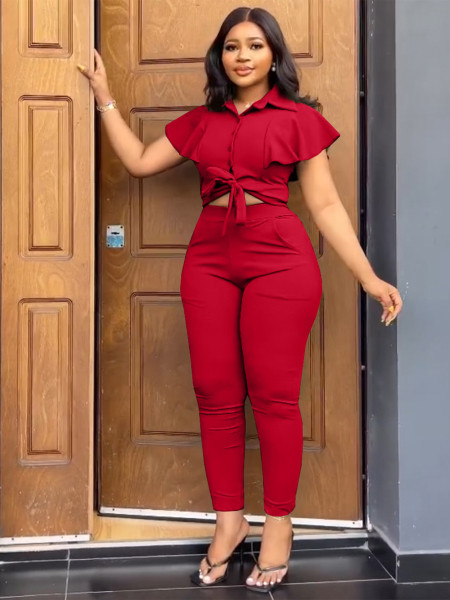 Flip collar cardigan with ruffle sleeves sports suit