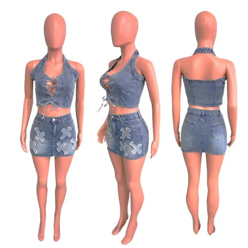 Cross Embroidered Elastic Cowboy Two Piece Set