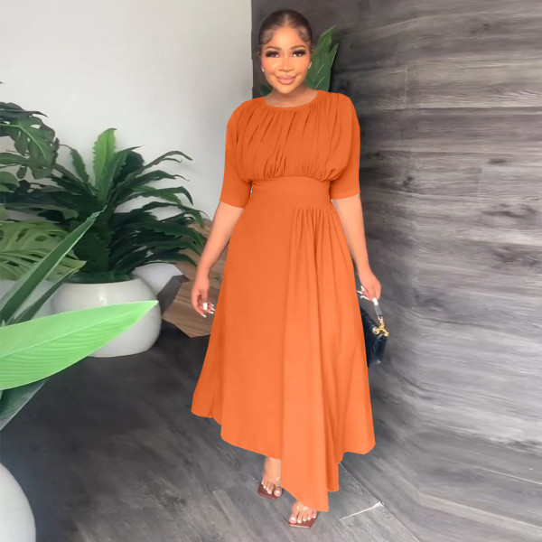 Round neck waist cinched irregular dress